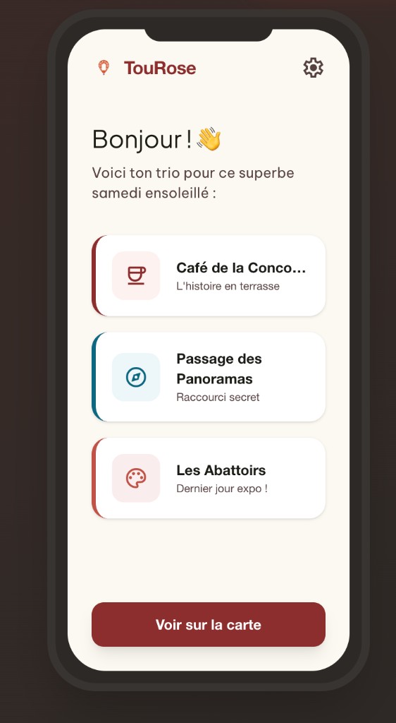 Écran d'accueil TouRose — trio de suggestions du jour